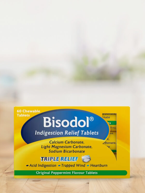 Bisodol fast-acting antacid heartburn relief tablets featuring Bisey the brand mascot